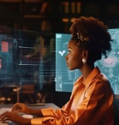 A private investigator analyzing data on multiple digital screens in a modern surveillance setting.