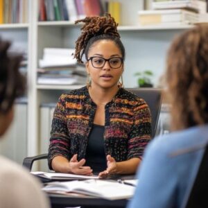A professional investigator providing support and consultation to two clients, symbolizing empathy, trust, and personalized solutions.