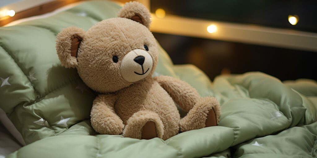 A teddy bear on a bed, symbolizing child welfare and the importance of protecting children in investigations.