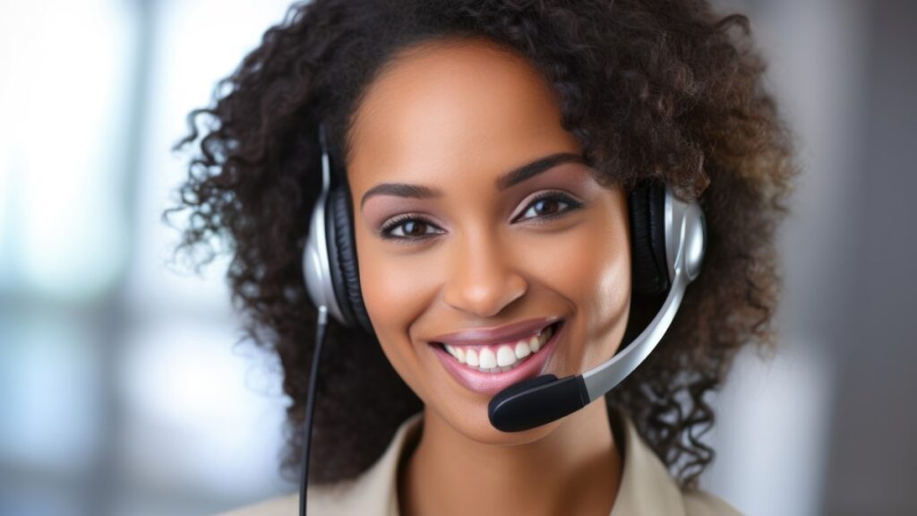 Friendly customer service representative wearing a headset, ready to assist with inquiries.