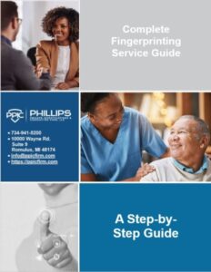 Cover page of the PPIC Complete Fingerprinting Service Guide, featuring images of professional consultation, caregiving, and digital fingerprint scanning.