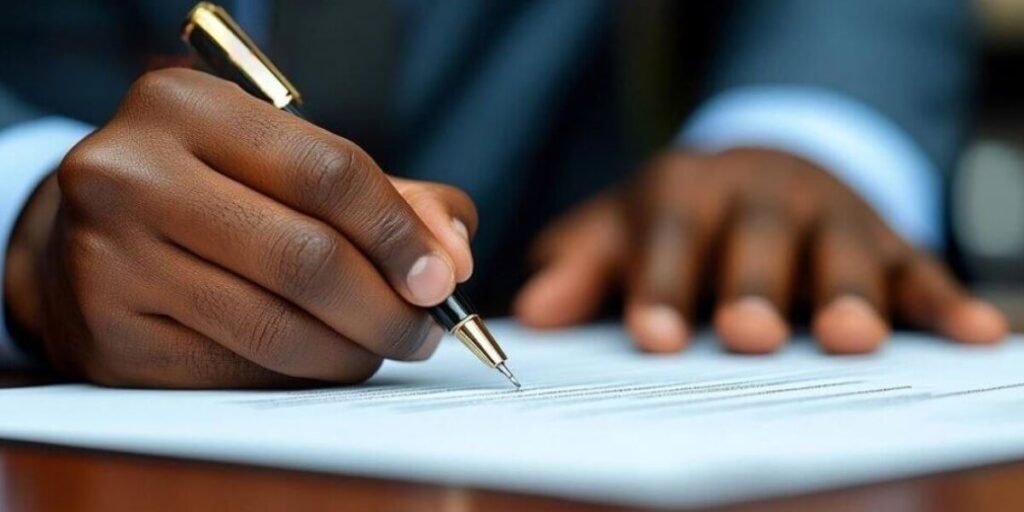 A hand signing an official document, symbolizing the importance of notary services in legal transactions.