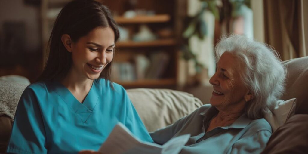 A caregiver reading to an elderly family member, representing the importance of home worker background checks.