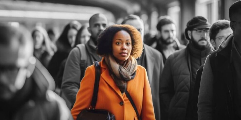 A woman in an orange coat standing out from a crowd, symbolizing skip tracing and locating individuals.